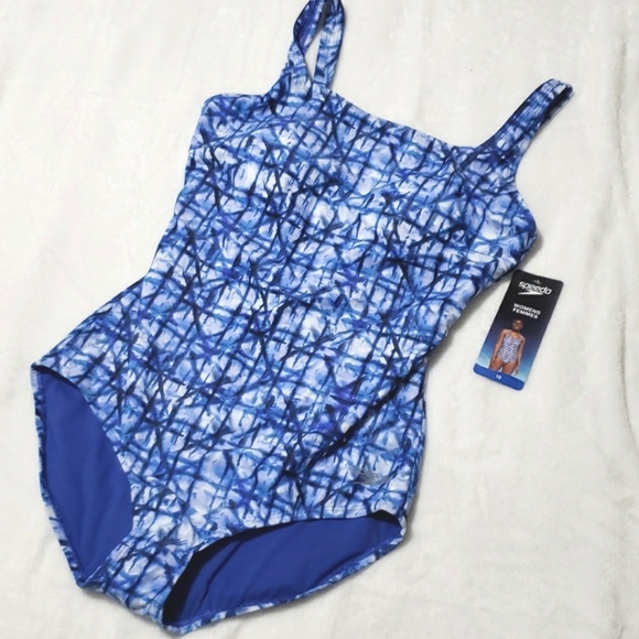Speedo Swimsuit Ladies sz 10 Blue and White Geometric UPF 50+ Chlorine Resistant - Picture 2 of 11